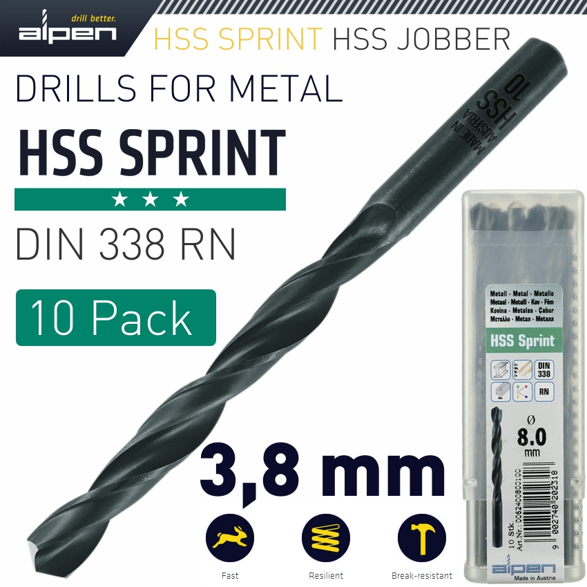 Alpen Hss Sprint Drill Bit 3.8Mm Bulk Ind.Pack