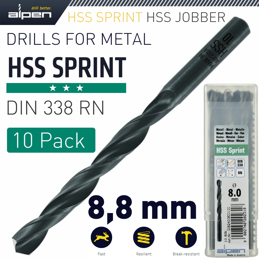 Alpen Hss Sprint Drill Bit 8.8Mm Bulk Ind.Pack
