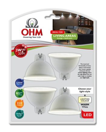 OHM LED MR16 3W GLOBE WARM WHITE 4PACK