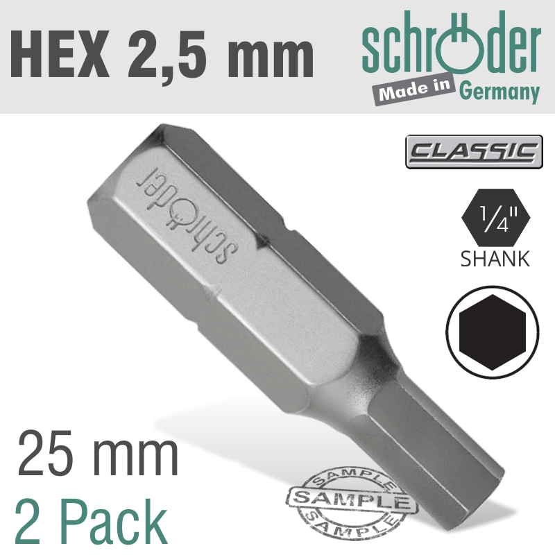 Schroder Hex/Allen Ins.Bit 2.5Mm 2/Pack