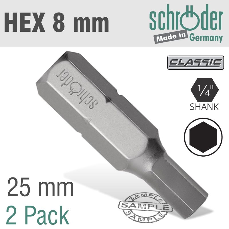 Schroder Hex/Allen Ins.Bit 8Mm 2/Pack