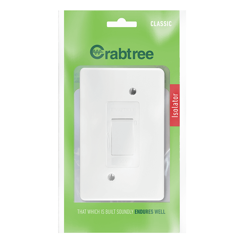 Crabtree Classic Double Pole 30A Isolator Vertical with Coverplate 50x100, White