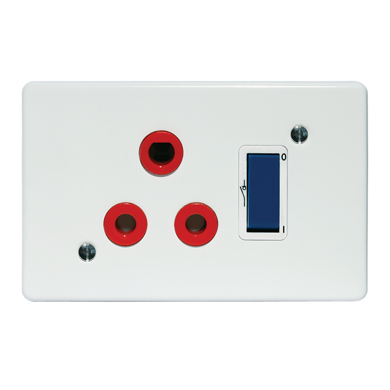 Crabtree Classic Single Dedicated 164-4 Socket, Red Double-Pole Switched, Blue, on 4x2 Yoke