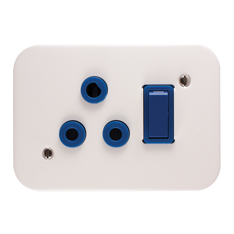 Crabtree Classic Industrial Single Dedicated Switched Socket 164-4 Blue on 119×83 White Surface Box
