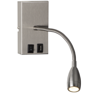 Brightstar WB173/1 USB Satin Chrome Wall Bracket with LED Gooseneck Arm and Charging Port